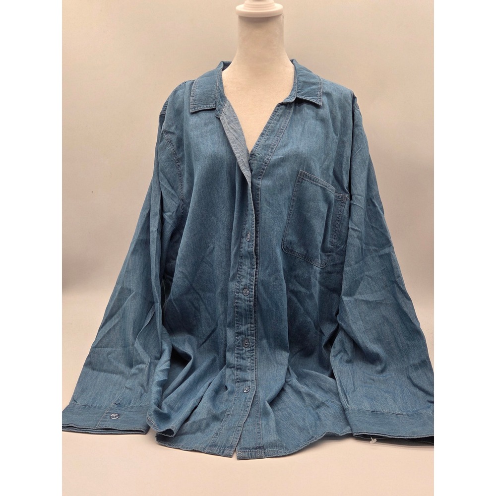 Jessica London Women's 24W Blue Chambray Cotton Button-Up Shirt 101-338